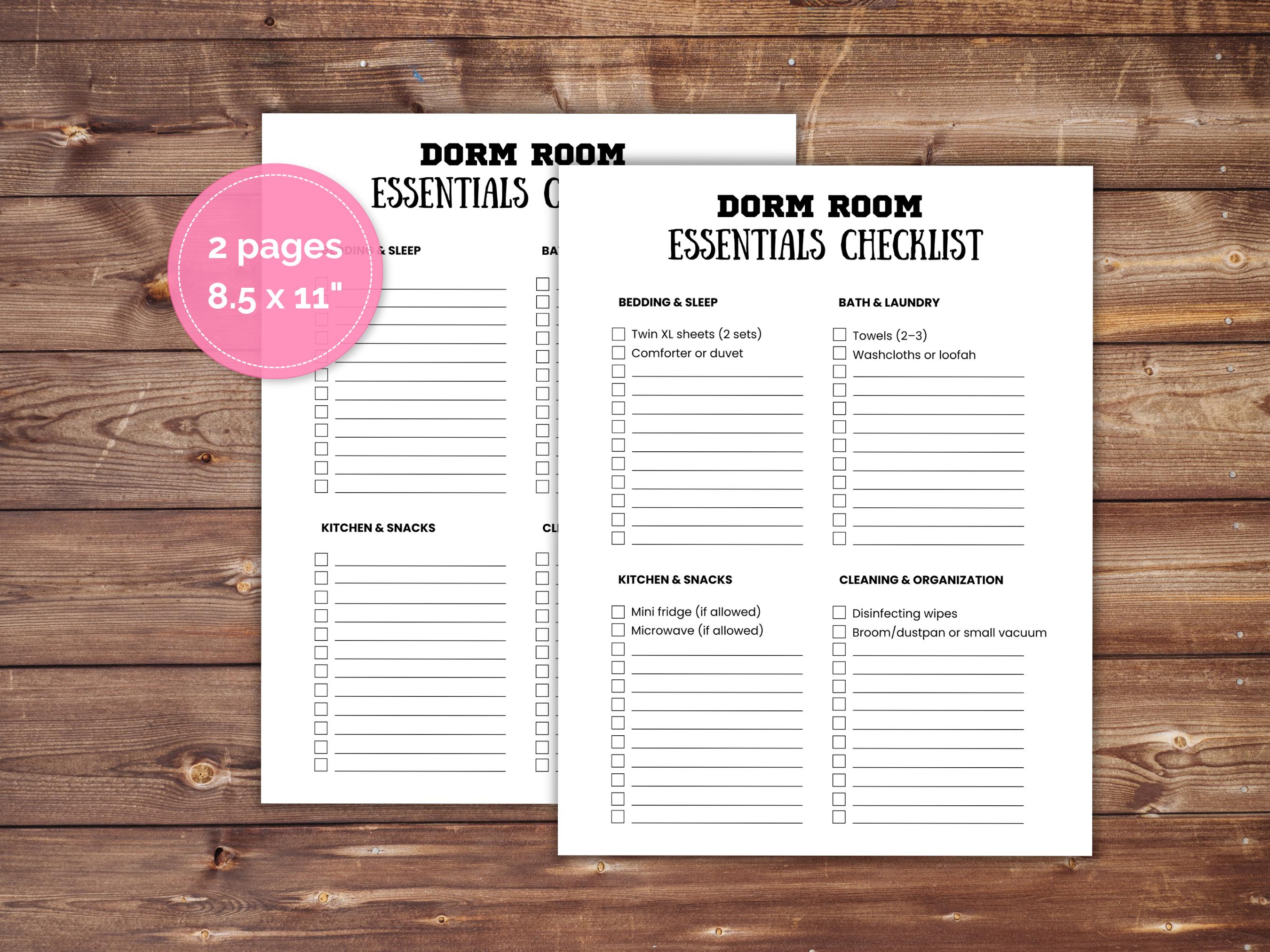 Dorm Room Essentials Checklist Printable | College Packing List ...