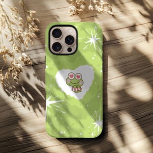 Funda para teléfono Keroppi Frog con dibujos animados de corazón verde Kawaii Sanrio para iPhone 16, 15, 14, 13, 12 y 11 Pro Max Plus, Samsung Galaxy S24, S23, S22 y S21