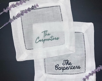 Personalized Embroidered Family Last Name Cocktail Napkins, Custom Linen (6 x 6 inches), Wedding Party, Hankie memento