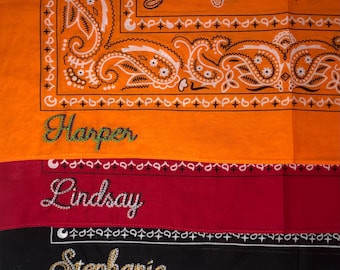 Embroidered Bandana Shadow Chain Stitch, Personalized Western Style Bandana, Bridesmaid Gift Custom Handkerchief, School Spirit, 100% Cotton