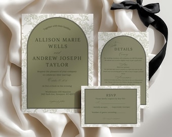 Paquete de invitaciones de boda con diseño floral en tonos verdes, invitación con foto, plantilla editable de Canva (descarga digital)