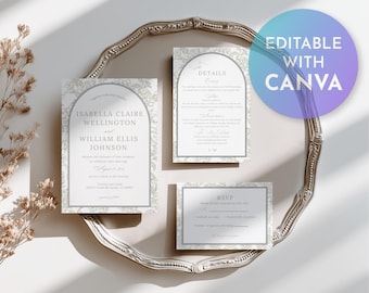 Paquete de plantillas de invitaciones de boda minimalistas de lujo con motivos florales y botánicos para Canva (descarga digital)