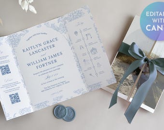 Plantilla de invitación de boda plegable estilo toile vintage, paquete de invitaciones editables de Canva
