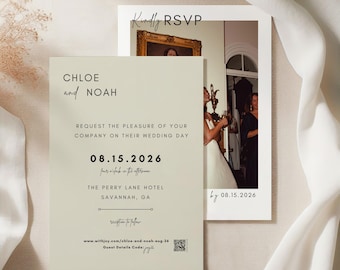 Conjunto moderno de invitaciones de boda Polaroid, plantilla de confirmación de asistencia con código QR para fotos (descarga digital)