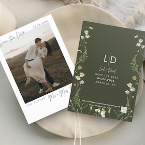 Élégant, minimaliste, moderne, jardin Polaroid, réservez cette date, modèle sur toile modifiable, carte d'invitation de mariage imprimable recto-verso, code QR RSVP