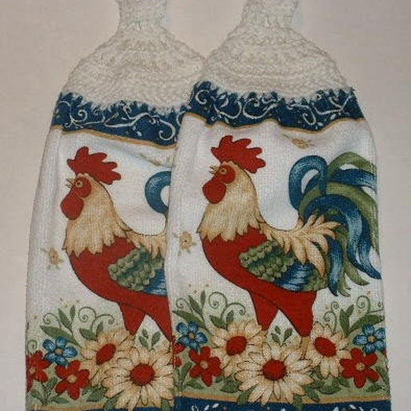 Rooster Chicken Hanging Crochet Top Dish Towel 2 Kitchen Handmade Button Home Decor