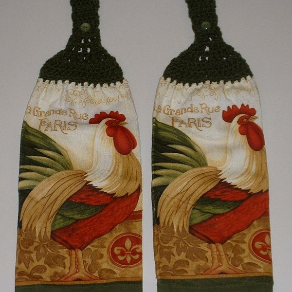 2 Rooster Chicken Hanging Crochet Top Dish Towel Kitchen Handmade Hand Home Decor Button