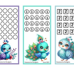 May include: Three colorful budget trackers with peacock illustrations. The first has 30 blank circles, the second has circles with the number 1, and the third has squares with the number 2. Text includes "Hawesome Budgets" and savings amounts.
