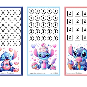 May include: Three colorful budget trackers featuring the character Stitch. Each tracker has a different design, with circles, numbers, and Stitch illustrations. The text "Hawesome Budgets" appears on each, with savings amounts of $25 and $32.