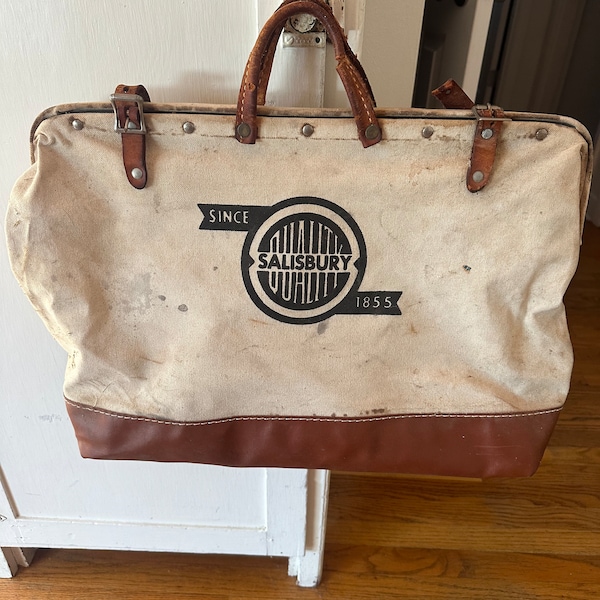 Antique Union Electric Canvas Utility Bag, vintage lineman bag, leather handles, overnight suitcase, work or tool bag