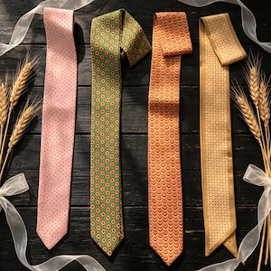 Könnte beinhalten: Vier gemusterte Krawatten in Rosa, Grün, Orange und Gold werden auf einer dunklen Holzoberfläche präsentiert. Die rosa Krawatte hat kleine schwarze Punkte, die grüne Krawatte hat ein geometrisches Muster, die orange Krawatte hat ein Muschelmuster und die goldene Krawatte hat ein Rautenmuster.