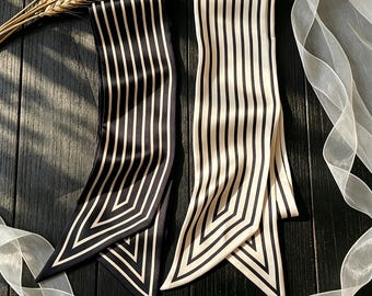 Black White Stripe Skinny Scarf, Long Ribbon Neck Scarf, Hair Tie Headband, Shirt Collar Accessory, Bag Handle Wrap Twilly