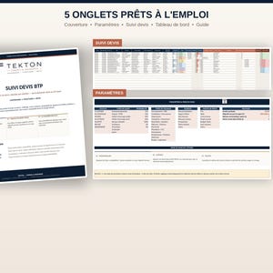 Peut inclure: Un modèle de feuille de calcul numérique pour la gestion de projets de construction intitulé SUIVI DEVIS BTP par TEKTON. Il comprend cinq onglets : couverture, paramètres, suivi devis, tableau de bord et guide, présentés sur un document blanc.