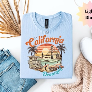 -shirt d&#39;été californien | t-shirt rétro Sunset Beach | graphique vintage Golden Gate | Chemise de surf californienne | Chemise Golden Gate Bridge