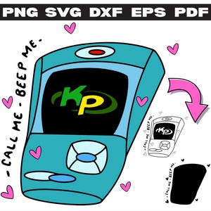 Puede incluir: Ilustración de un teléfono móvil de dibujos animados turquesa con el texto "KP" en la pantalla, rodeado de corazones rosas y la frase "Call me - Beep me." También hay una versión más pequeña y delineada del teléfono, con una flecha rosa.