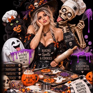 Könnte beinhalten: Eine Halloween-Backszene mit einer Person in einer schwarzen Schürze mit dem Text BAKING SPELLS & COOKIES, einem Skelett in einer BAD INFLUENCE-Schürze, einer schwarzen Katze, einem Geist, einer Schüssel mit WITCHES MAKE IT BETTER und einer Tasse mit FUELED BY CANDY.