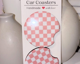 Light Pink Checkered Print Car Coasters