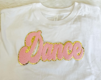 Iron On Patch- Pink 'Dance' with Gold Glitter Outline