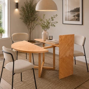 Puede incluir: Una mesa de comedor de madera clara con una extensión semicircular, rodeada de cuatro sillas con marcos de metal negro y tapicería beige. Una alfombra tejida y una gran lámpara colgante completan el comedor. Una obra de arte paisajística enmarcada cuelga de la pared.