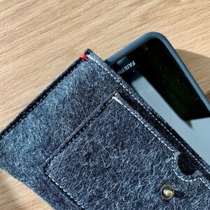 May include: A black felt phone case with a white stitch detail and a small metal button. The case has a pocket on the front and the text "FAIRPH" is visible on the phone.
