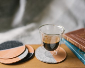 Leather and Wool Coasters, Round Colorful Coasters, Housewarming Gift, sustainable decoration
