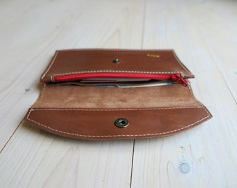Cognac Brown Leather Long Wallet with Gold Name Engraving