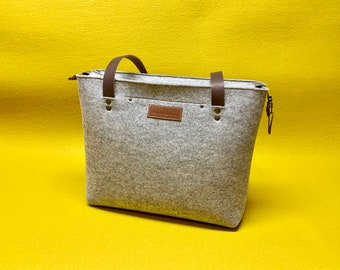Wool Felt Tote Bag: Large Grey Shopper with Leather Handles