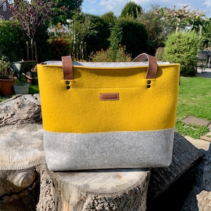 Yellow Felt Tote Bag: Wool Shoulder Bag with Leather Handles