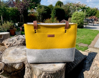 FELT TOTE BAG, Yellow, Felt shoulder bag, Laptop tote bag, Gift for her, felt shopping bag, Wool felt bag, monogrammed, Leather handle tote