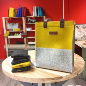 Yellow Felt Tote Bag: Wool Shoulder Bag with Leather Handles