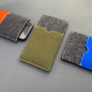 Custodia in feltro per iPhone, copertina tascabile, manica in feltro colorato, pura lana, design olandese, arancio bruciato, iPhone 14+, custodia per iPhone per carte