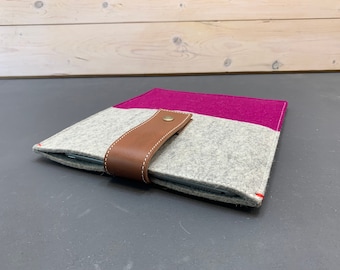 iPad Pro case, iPad pro 11" sleeve, iPad 12.9 felt bag, iPad case with Apple Pencil, leather closure and woolfelt, pink and grey, iPad cover