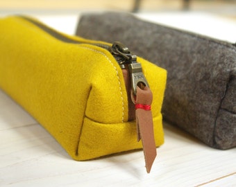 Felt pencil case - yellow and sandbrown zipper pouch makeupbag merino wool