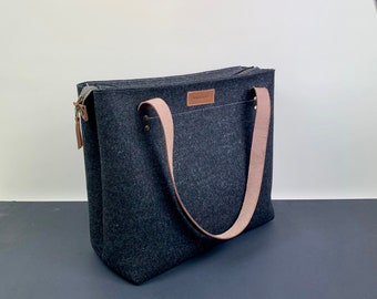 Bolso tote de fieltro de lana negro: asas de cuero, tamaño XL con cremallera