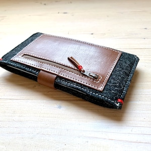 Funda billetera para iPhone 14 con cremallera y bolsillos de cuero, funda para teléfono de fieltro con tarjetero de cuero, funda para iPhone 14, fieltro de lana