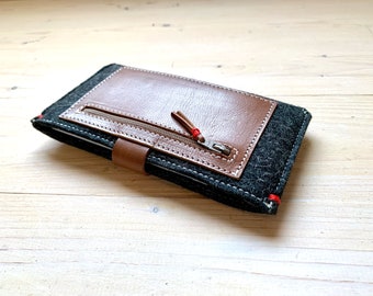 iPhone 14 wallet hoes van wolvilt en leer met rits, lederen zwarte iPhone hoes met extra vakjes voor creditcards,  iPhone 13