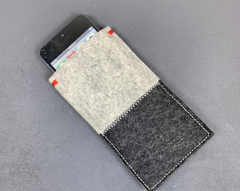 May include: A black felt phone case with a gray felt panel and red stitching. The case is designed to hold a smartphone.