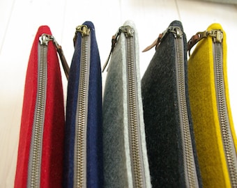 Wool Felt Pencil Case XL: Leather Trim Clutch Makeup Bag