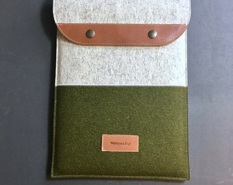 Macbook case, wool felt and leather with closure flap