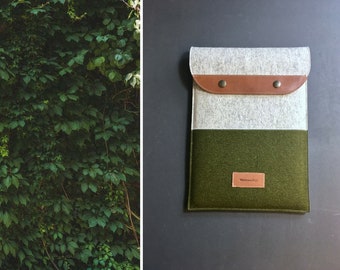 Macbook case, wool felt and leather with closure flap