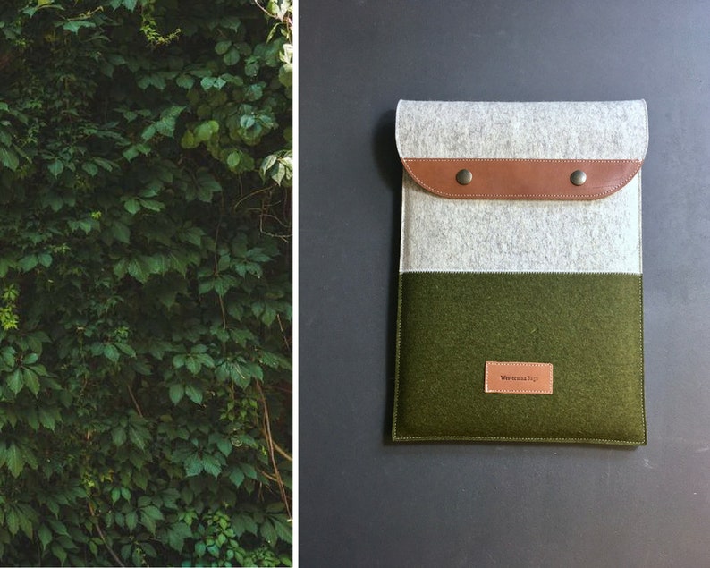moss green and grey Macbook 13 pro cover natural eco wool felt and leather MacBook Air bag felt MacBook Pro 16 cover Macbook case
