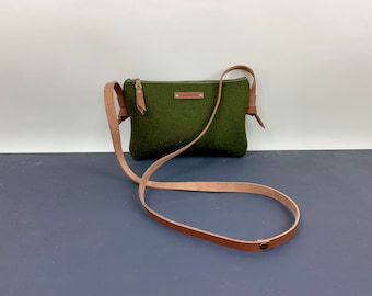 Green Felt Crossbody Bag: Wool Shoulder Bag with Leather Strap