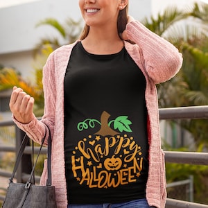 Happy Halloween Maternity Shirt - Pumpkin Pregnancy Announcement TShirt - Baby Shower Gift - Mom to Be Tee