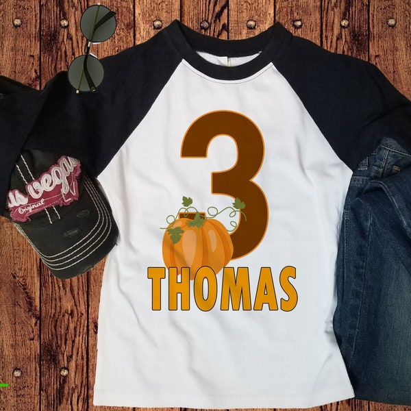 Pumpkin Birthday Shirt - Personalized Halloween or Thanksgiving Fall bday for boy or girl -3/4 long sleeve harvest colors outfit celebration