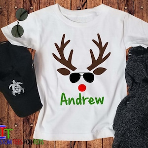 Personalized Reindeer Sunglasses Shirt - Customizable Christmas Holiday Kids Tee