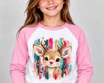 Christmas Raglan, Watercolor Reindeer Kids Shirt, Festive Brushstroke Graphic | Cotton Tee | Toddler-Youth Sizes