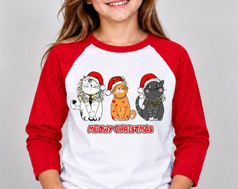 Christmas Raglan, Meowy Christmas Kids Shirt, Holiday Cats | Cotton Tee | Toddler-Youth Sizes