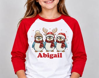 Personalized Christmas Raglan, Penguin Custom Kids Shirt | Cotton Tee | Toddler-Youth Sizes
