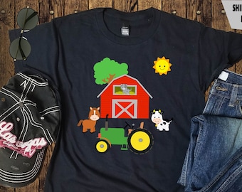 Farm Animal Shirt - Red Barn Green Tractor - Boys Girls Farmer Tee