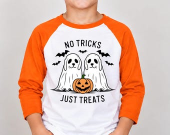 Kids Ghost Dogs Raglan Shirt No Tricks Just Treats Halloween Costume Toddler Youth Tee